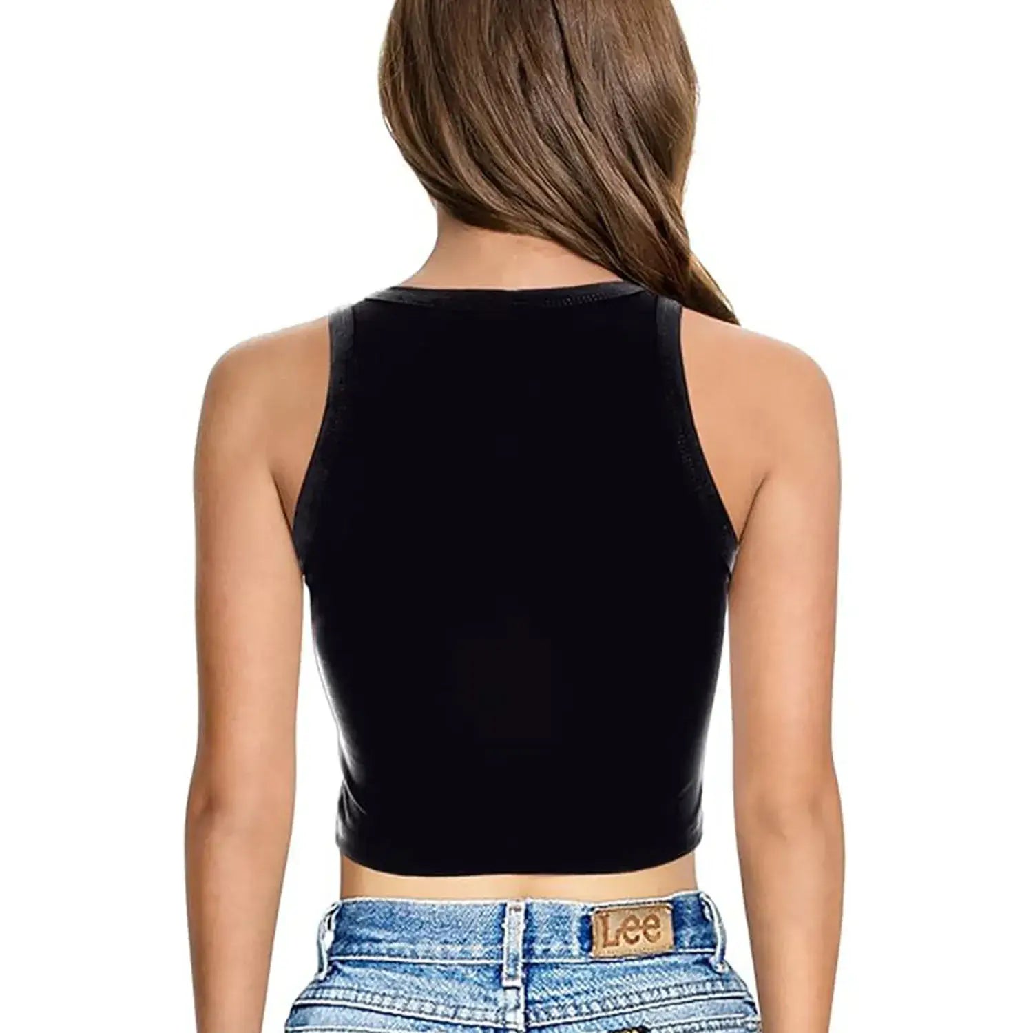 A woman wearing the Anime Sung Jin Woo Crop Top, a sleeveless Y2K Harajuku summer camisole from Solo Leveling.