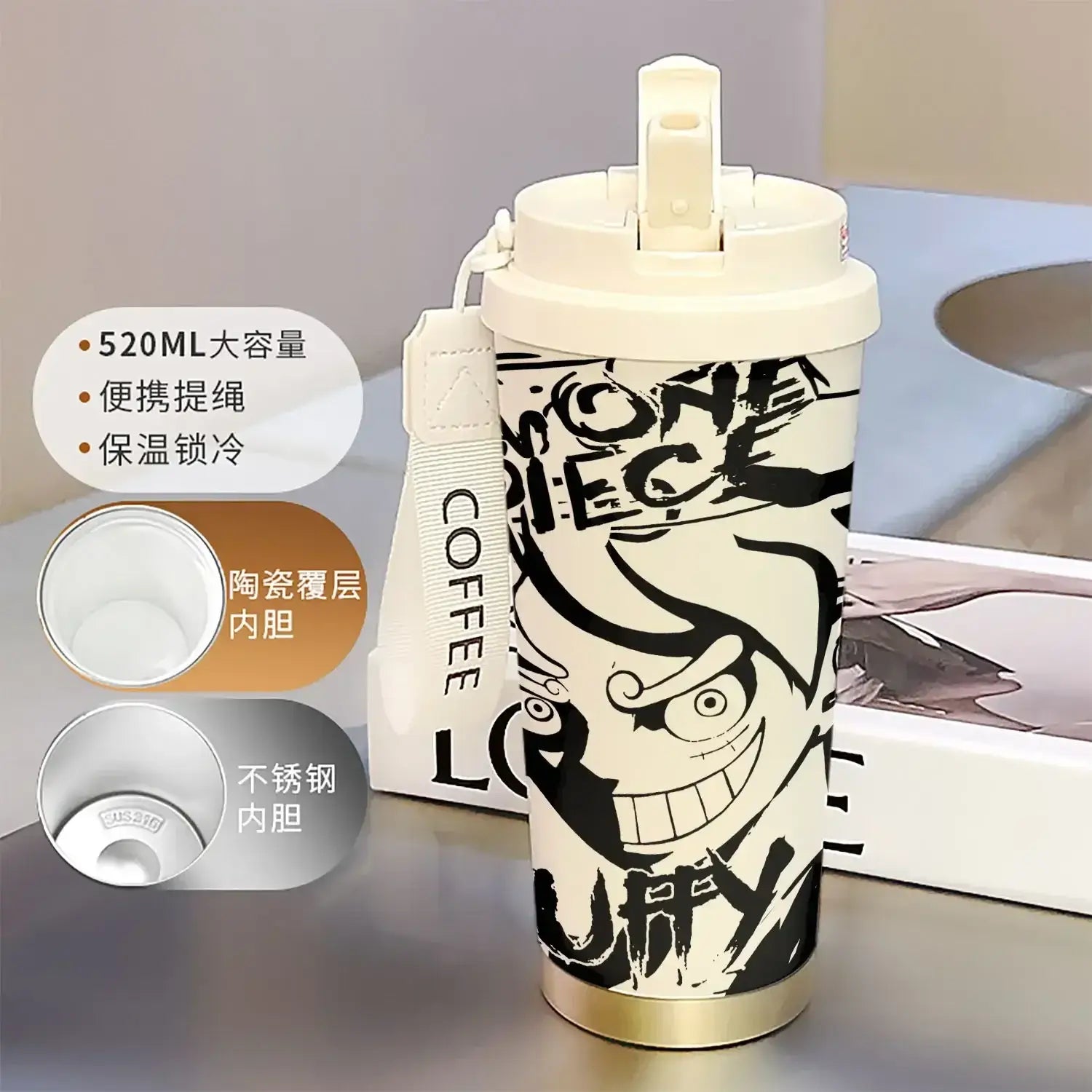 A 520ml One Piece Thermos Cup featuring anime figures Luffy and Zoro, designed as a large capacity coffee travel mug with a straw for outdoor sports.