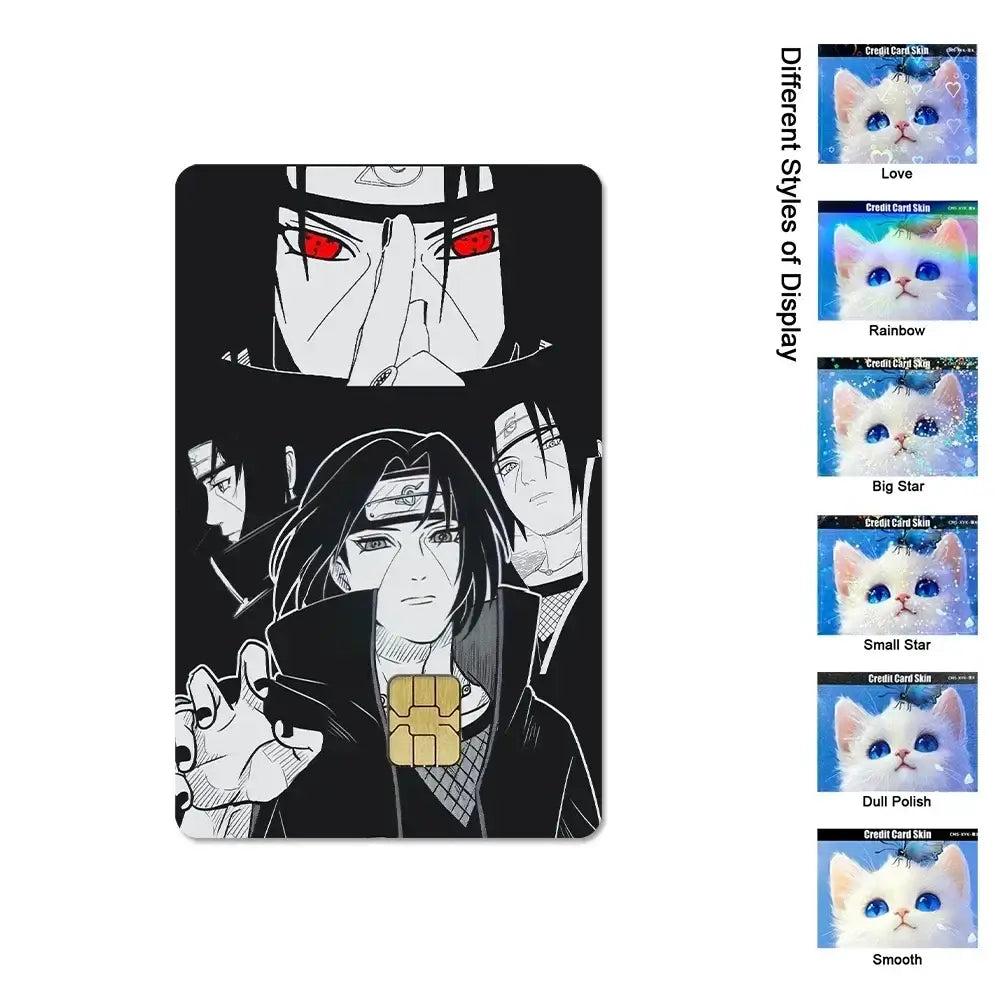 A waterproof Naruto Credit Card Skin PVC sticker featuring Uchiha Sasuke anime art applied to a standard debit bank card.
