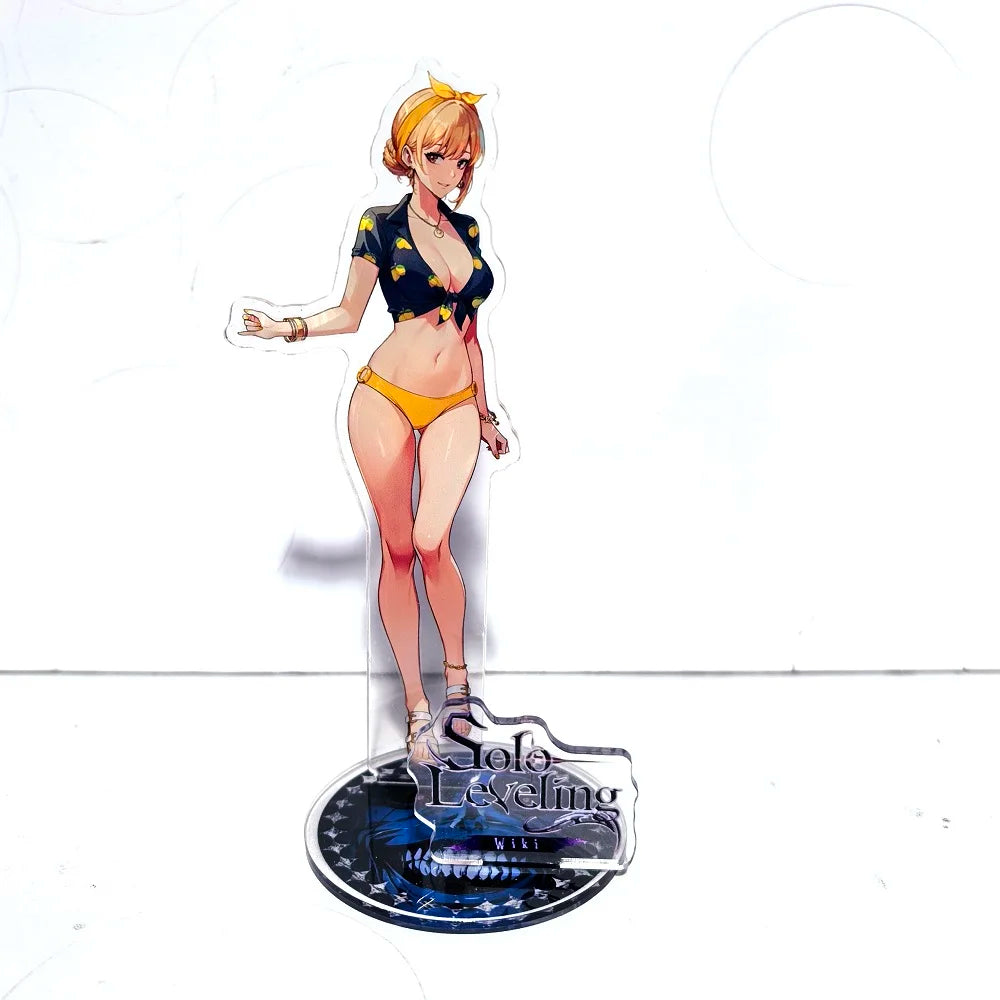 A high-definition 15cm Solo Leveling Acrylic Stand featuring Sung Jinwoo, Sung Jin Ah, and Yoo Jin Ho anime action figures for desk decoration.