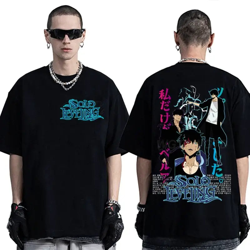 A cool black Solo Leveling T-shirt made of cotton, featuring a high-definition Sung Jinwoo anime graphic in Harajuku street style for men and women.