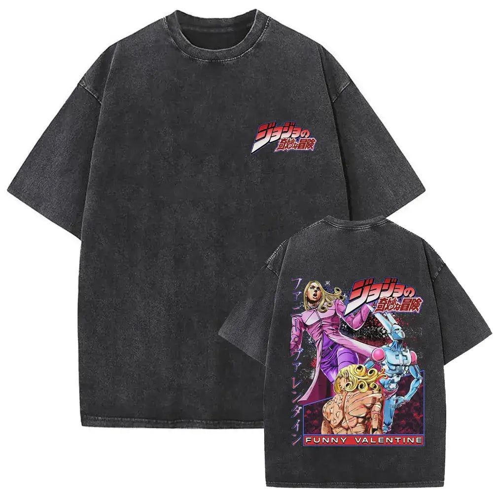 A washed Jojo Bizarre Adventure Vintage T-shirt featuring high-quality manga prints of Jotaro Kujo, Dio, and Giorno for men and women.