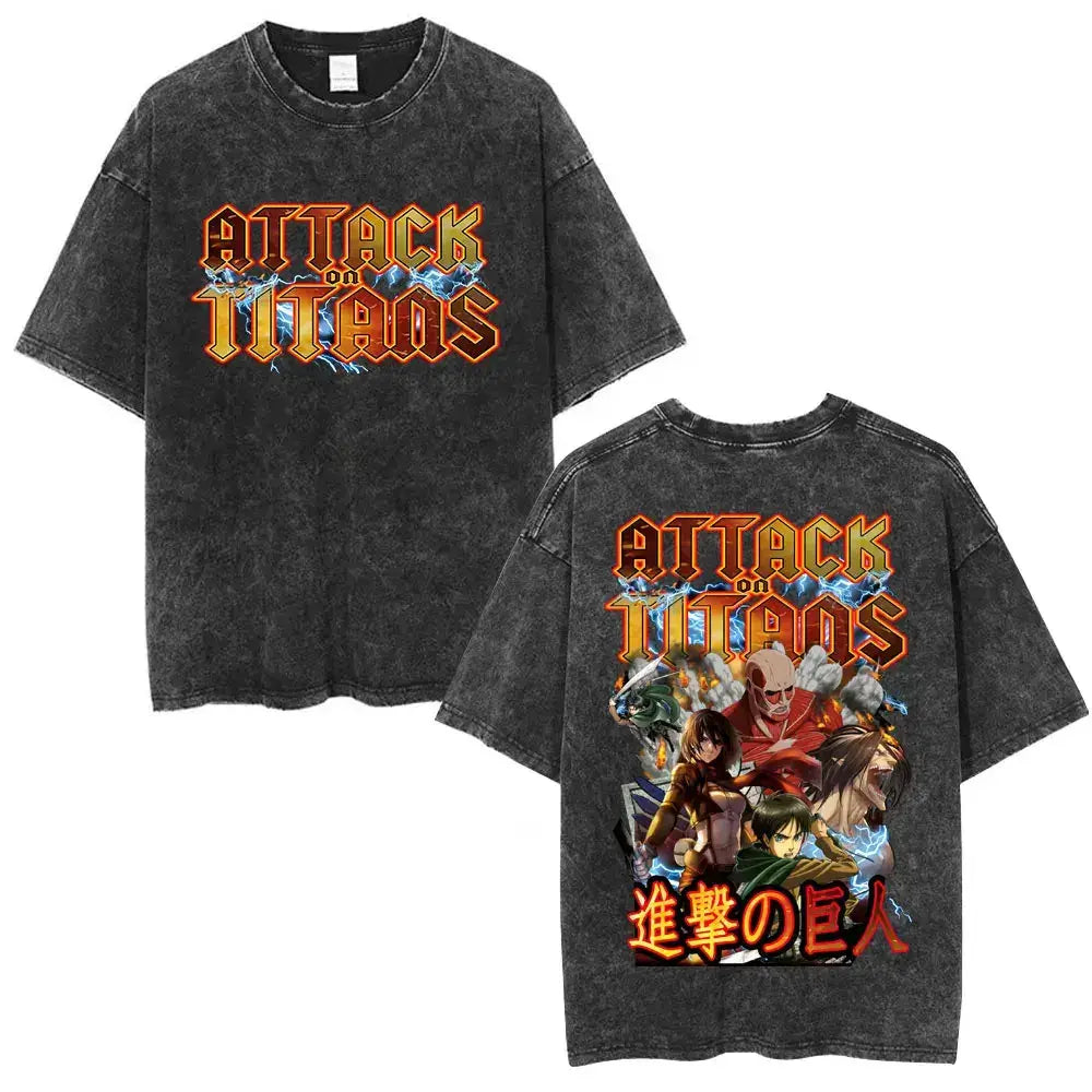 An oversized Attack on Titan Washed T-shirt featuring a vintage Levi Ackerman graphic, a stylish streetwear item for men and women.