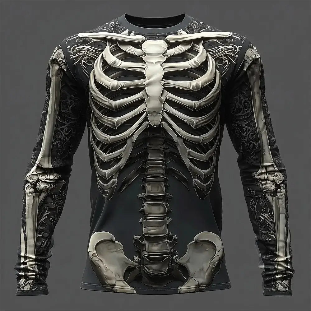 A man wearing the oversized Creative Design 3D Skull Print Men's T-Shirt with long sleeves.