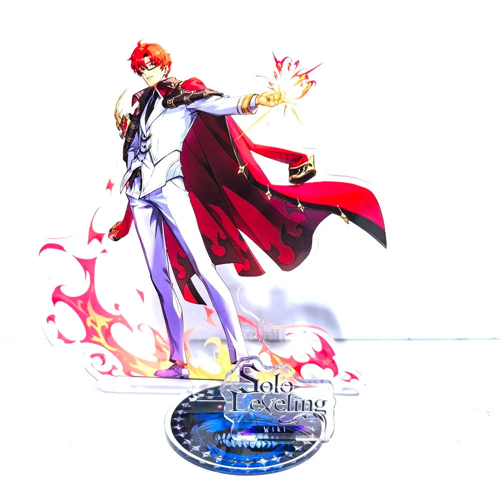 A high-definition 15cm Solo Leveling Acrylic Stand featuring Sung Jinwoo, Sung Jin Ah, and Yoo Jin Ho anime action figures for desk decoration.