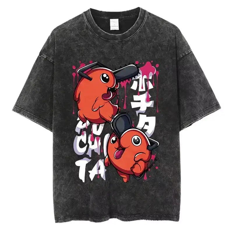 A unisex Chainsaw Man Vintage T-shirt in washed cotton with a Harajuku oversized streetwear fit.