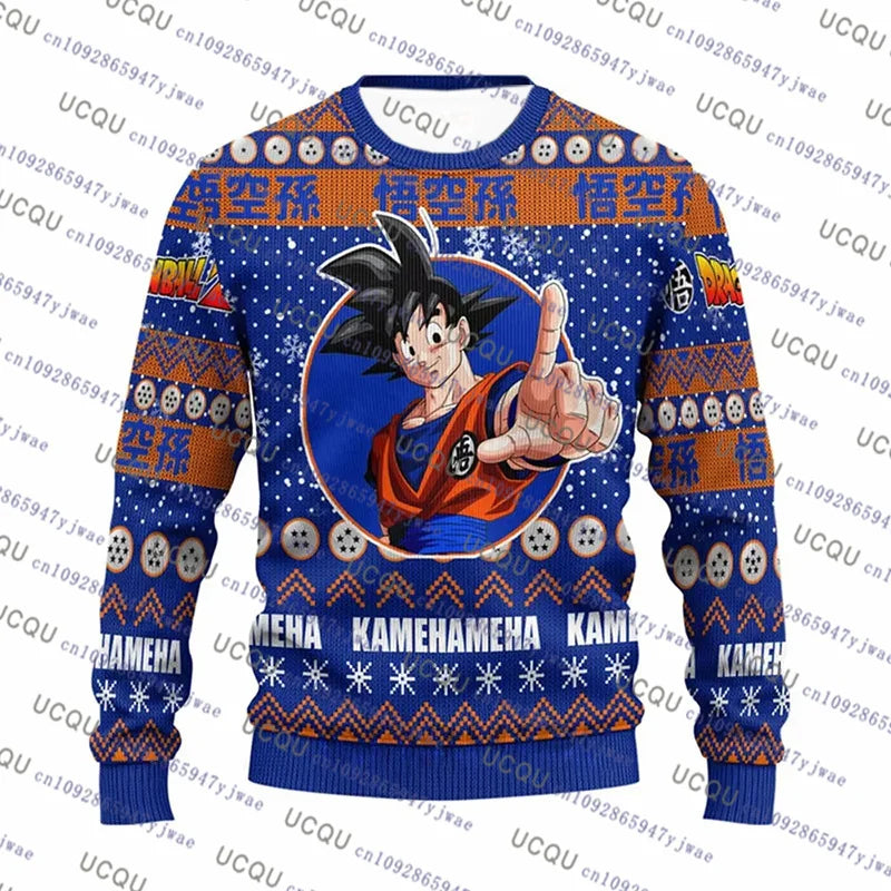 A festive Christmas Dragon Ball Hoodie featuring Goku and anime graphics, designed as an oversized autumn winter pullover for men and women.