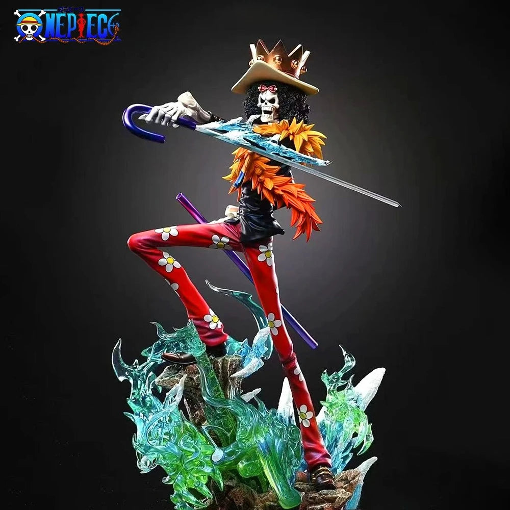 A high-quality 33cm One Piece Brook Figure made of PVC, featuring the Soul King in a dynamic pose for anime desktop decoration.