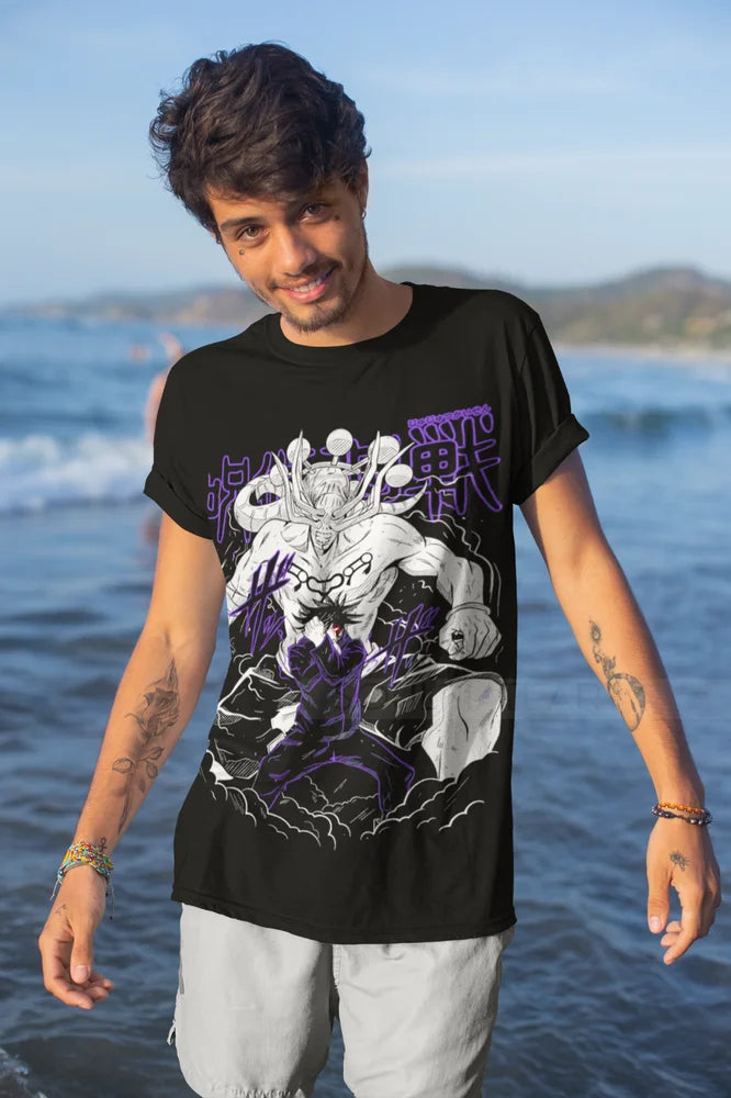 A soft Megumi Fushiguro T-shirt from Jujutsu Kaisen, featuring a design inspired by his Ten Shadows Technique and Divine Dogs.