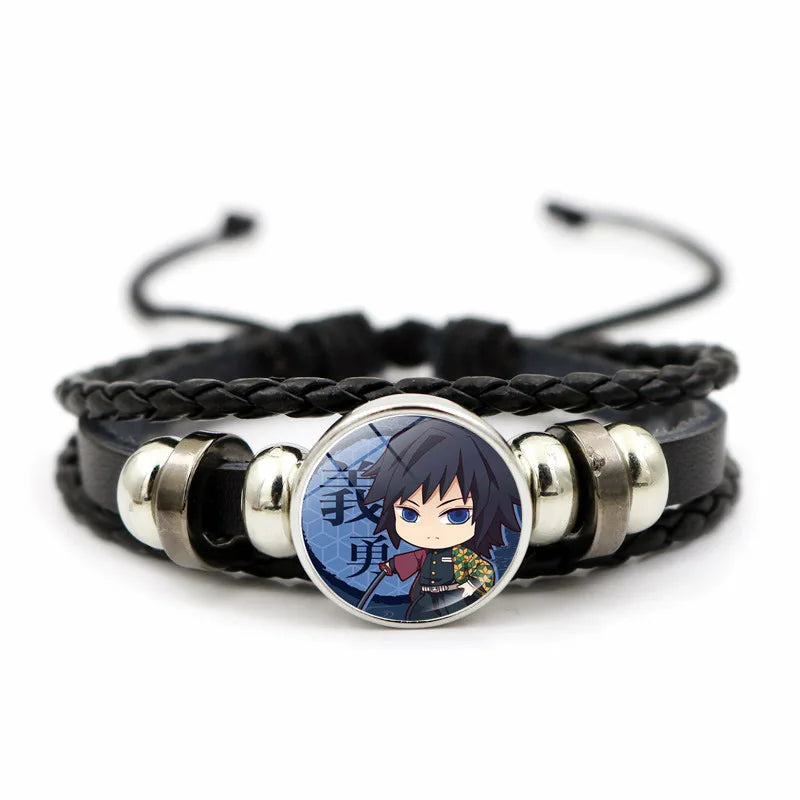 A woven leather Demon Slayer Bracelet featuring a glass art photo charm of Tanjiro Kamado and Nezuko, designed as an anime accessory for fans.