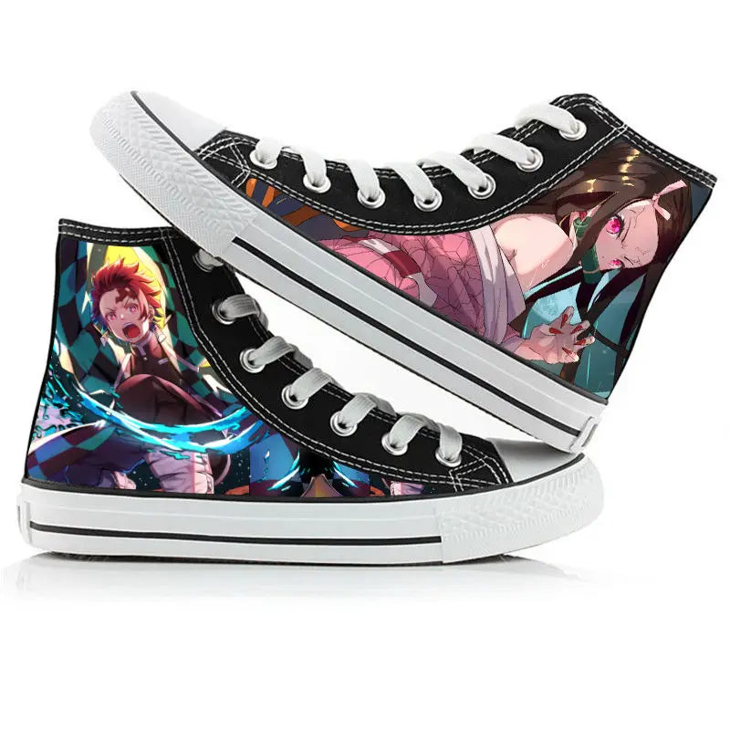 A pair of kawaii Anime Demon Slayer Canvas Shoes in a hand-painted high-top sneaker style for boys and girls.