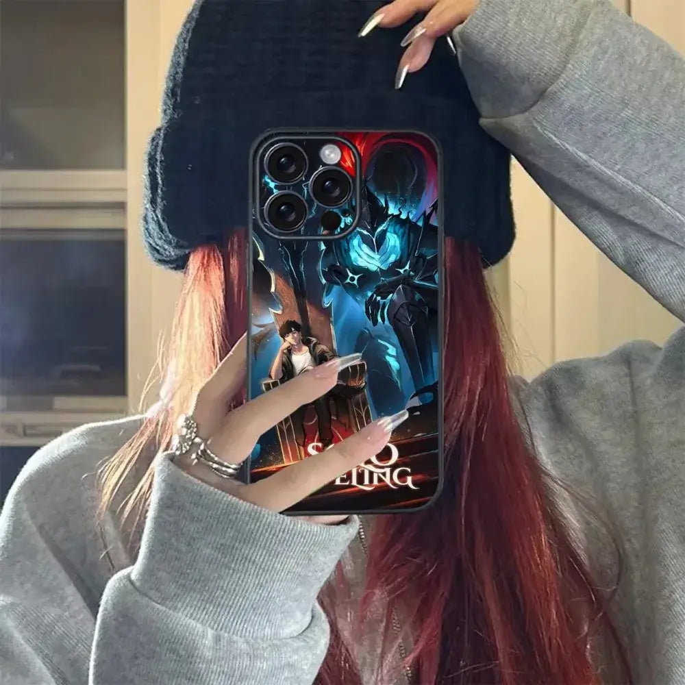 A soft TPU Solo Leveling Phone Case featuring Sung Jinwoo anime art, compatible with Apple iPhone 16, 15, and 14 Pro Max.