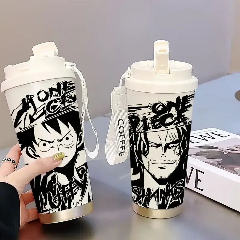 A 520ml One Piece Thermos Cup featuring anime figures Luffy and Zoro, designed as a large capacity coffee travel mug with a straw for outdoor sports.