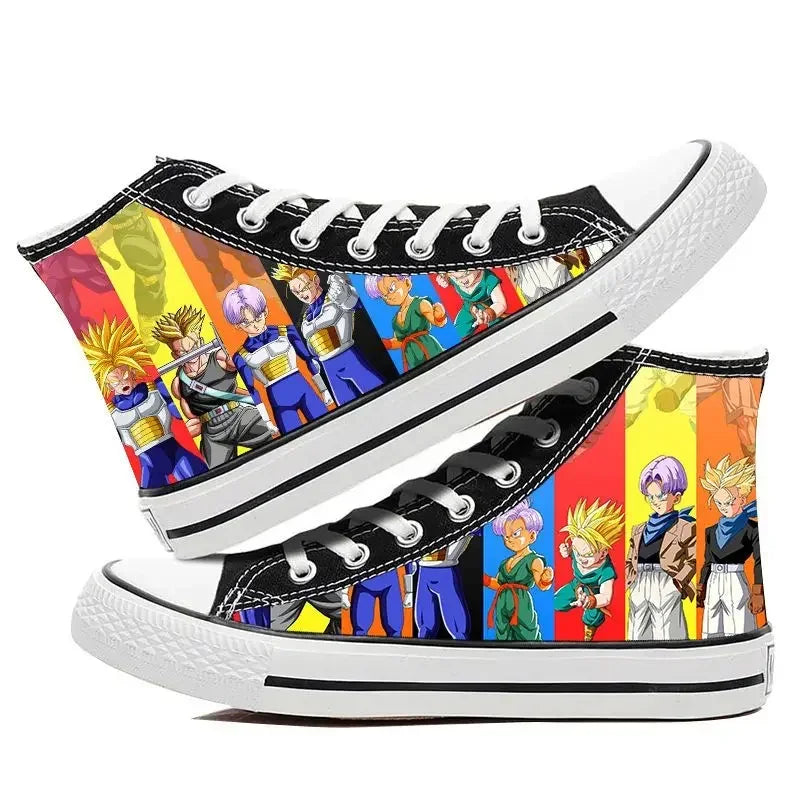 Trendy Dragon Ball High Top Canvas Shoes featuring Goku and Vegeta animation art, breathable flat sneakers for students and fans.
