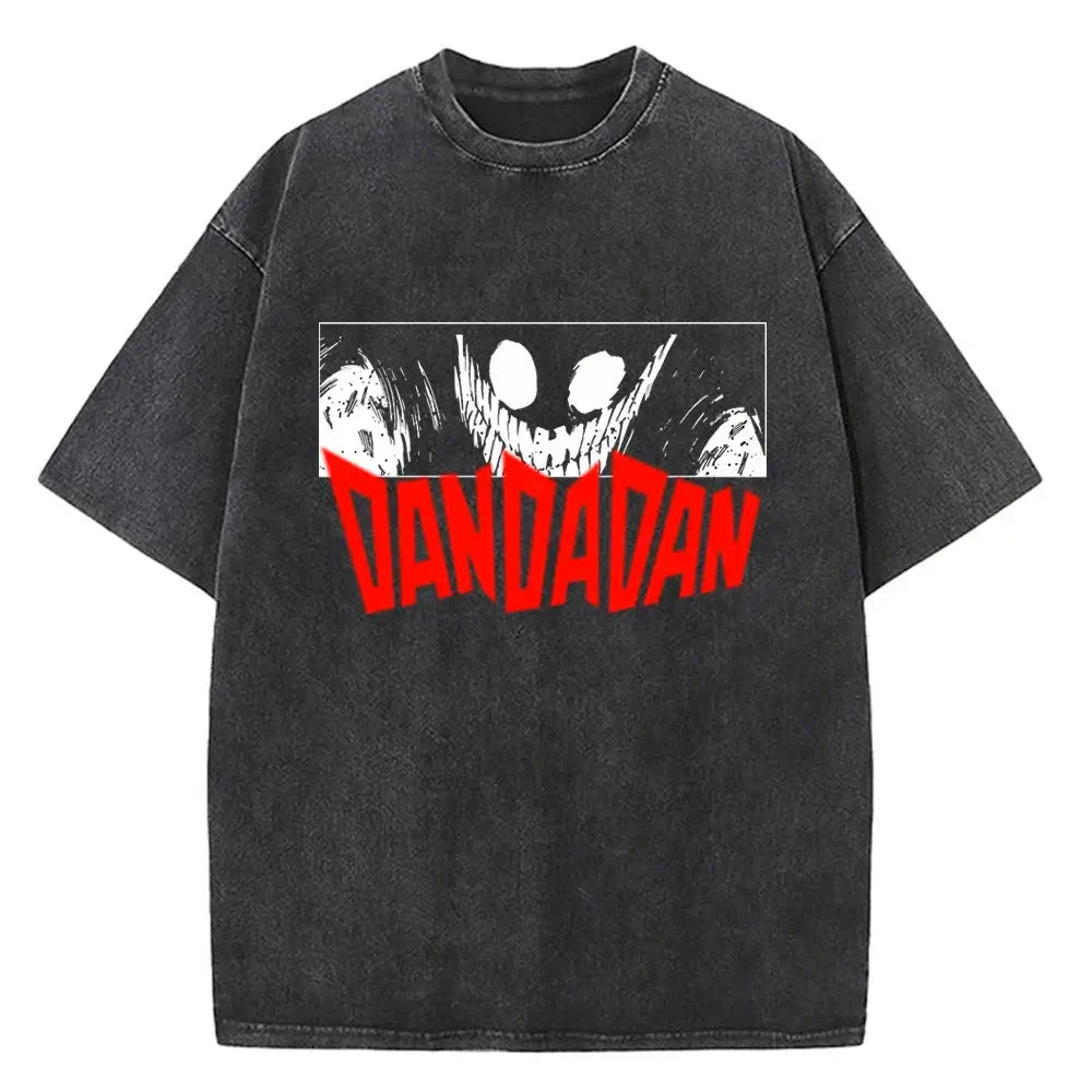 A high-quality cotton men's Dandadan Okarun T-shirt with a Japanese anime cartoon print and aesthetic fashion design.