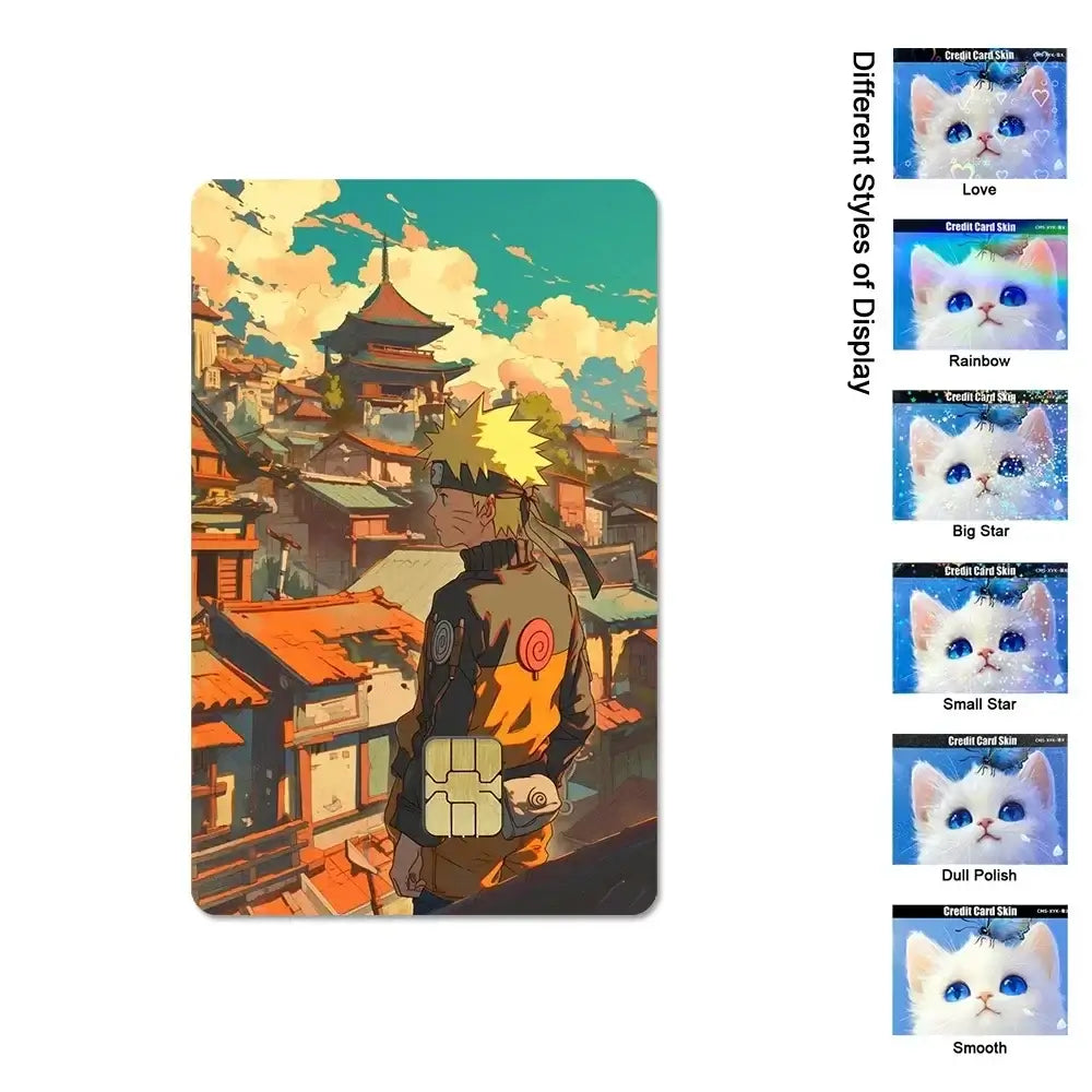 A waterproof Naruto Credit Card Skin PVC sticker featuring Uchiha Sasuke anime art applied to a standard debit bank card.