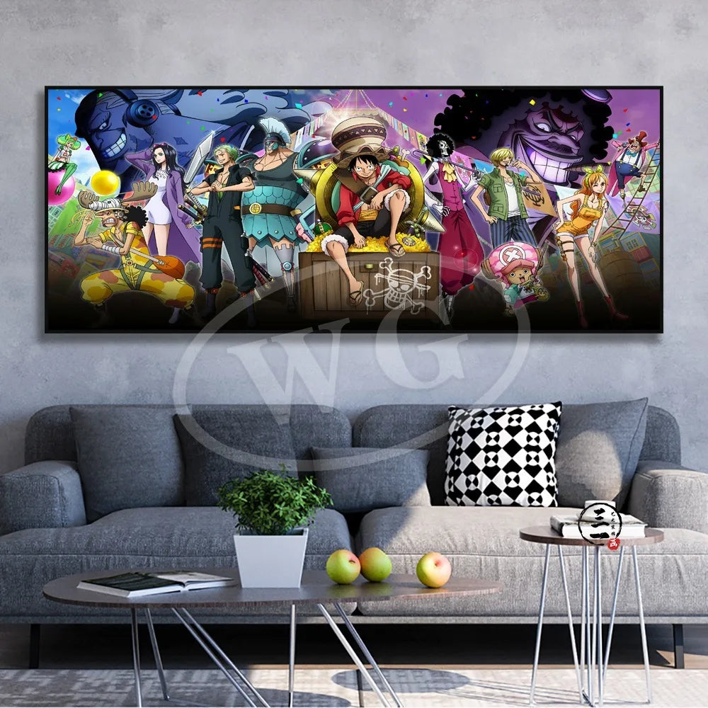 A high-quality One Piece decorative painting featuring Monkey D. Luffy, Roronoa Zoro, and Portgas D. Ace as a sofa background wall hanging.