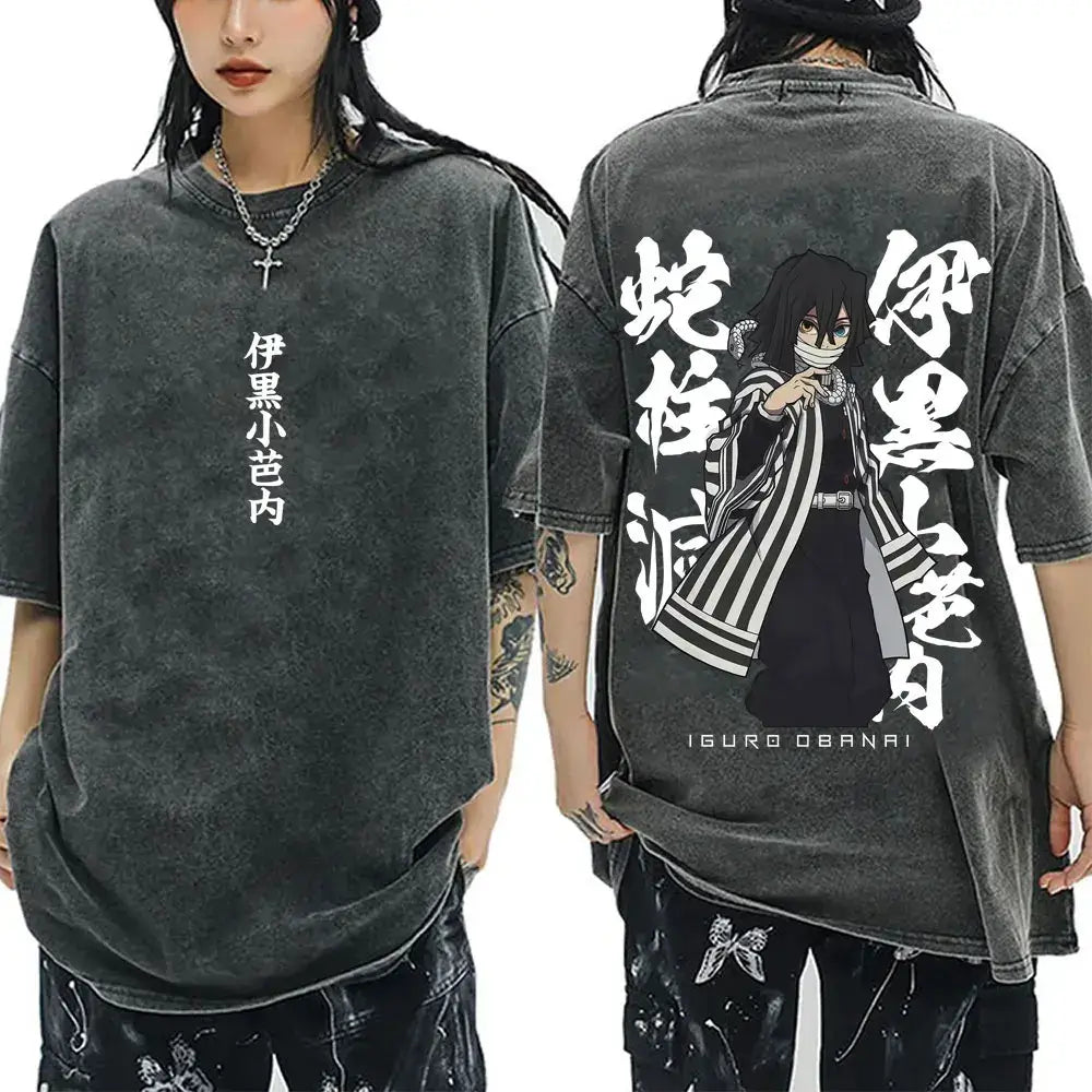 A washed black Demon Slayer Vintage T-Shirt made of 100% cotton, featuring an oversized cartoon anime graphic for men and women.