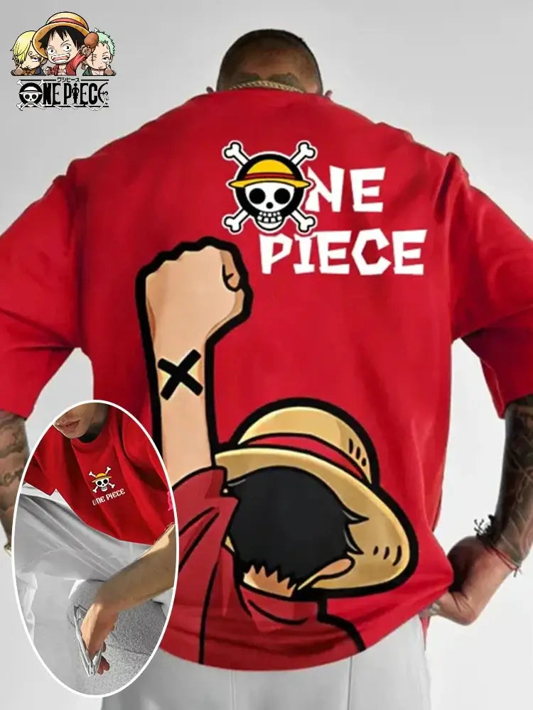 A fashionable One Piece Graphic T-Shirt in an oversized streetwear fit, featuring a high-quality anime print of Monkey D. Luffy and Roronoa Zoro.