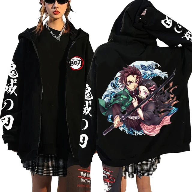 A Y2K style Demon Slayer Zip Up Hoodie featuring a Nezuko Kamado graphic, unisex hip hop streetwear for men and women.