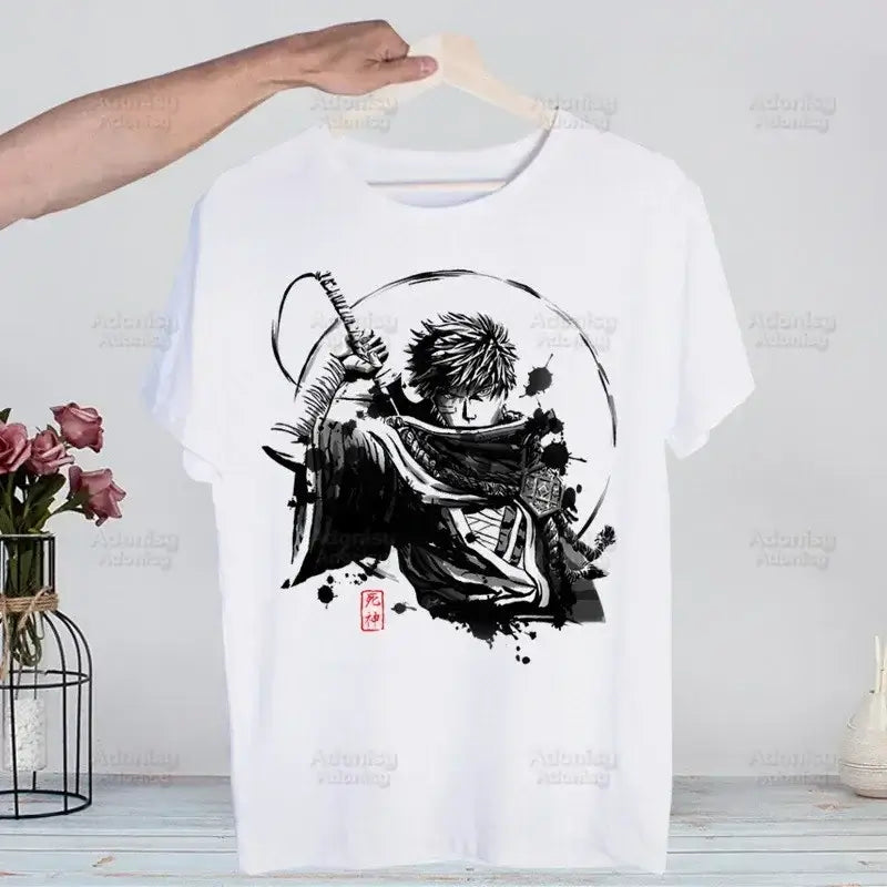 A men's Bleach Kurosaki Ichigo T-shirt in a funny Harajuku hip hop streetwear style for summer.