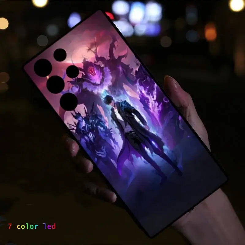 A Solo Leveling LED Phone Case for ZTE Nubia RedMagic featuring glowing Sung Jinwoo anime art that lights up.