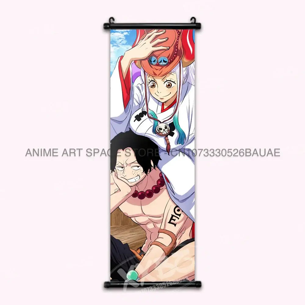 A vibrant One Piece Hanging Painting featuring anime characters Monkey D. Luffy, Portgas D. Ace, Sabo, and Shanks on a canvas scroll for home decor.