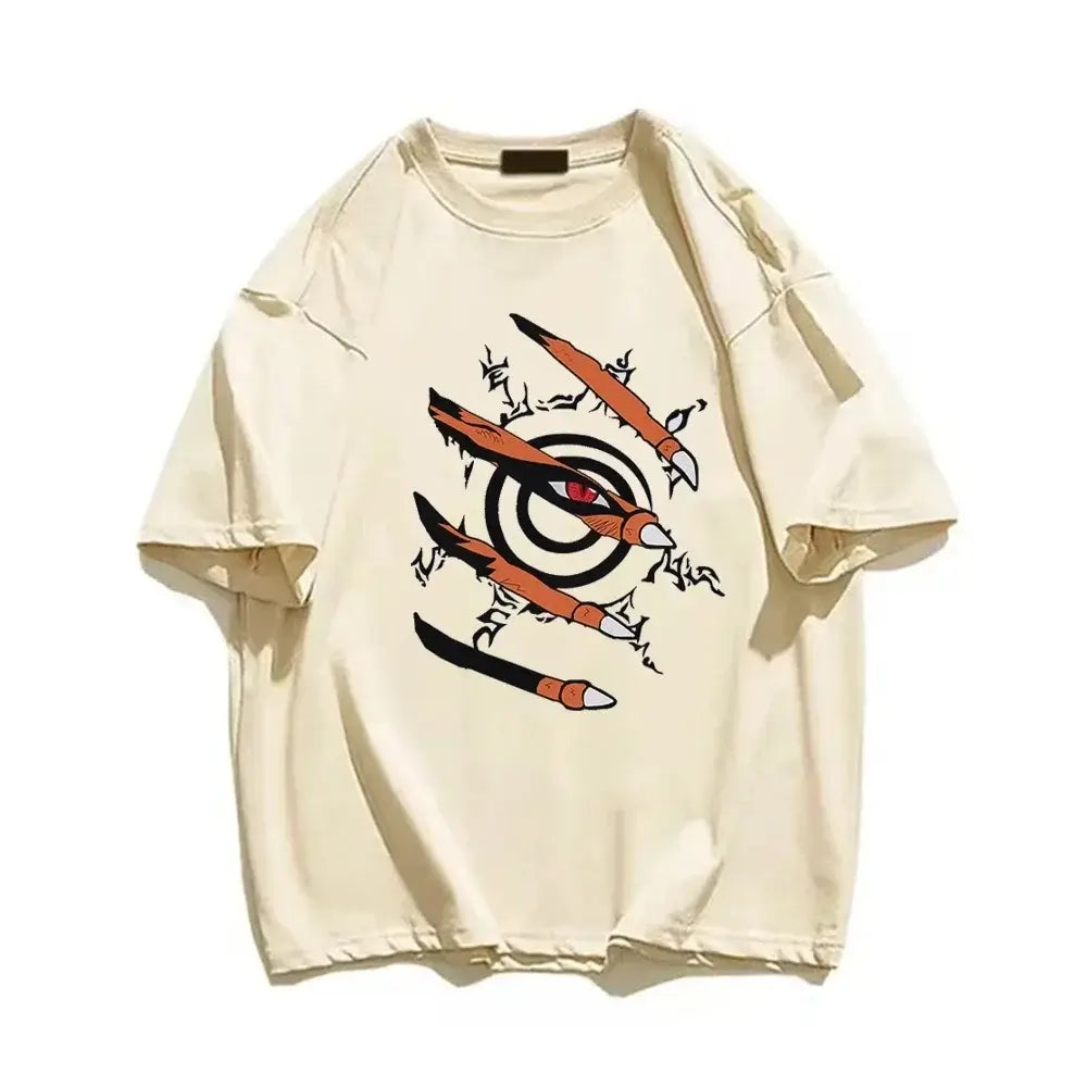 A black Naruto Graphic T-Shirt featuring a 3D effect of the Nine-Tails Kurama claws tearing through the fabric to reveal the seal and red eye.