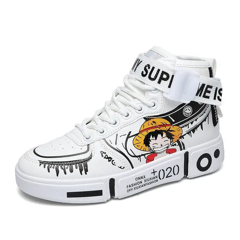 A pair of Anime One Piece Luffy High Top Shoes featuring Roronoa Zoro, designed as breathable, non-slip leisure sports sneakers for men and women.