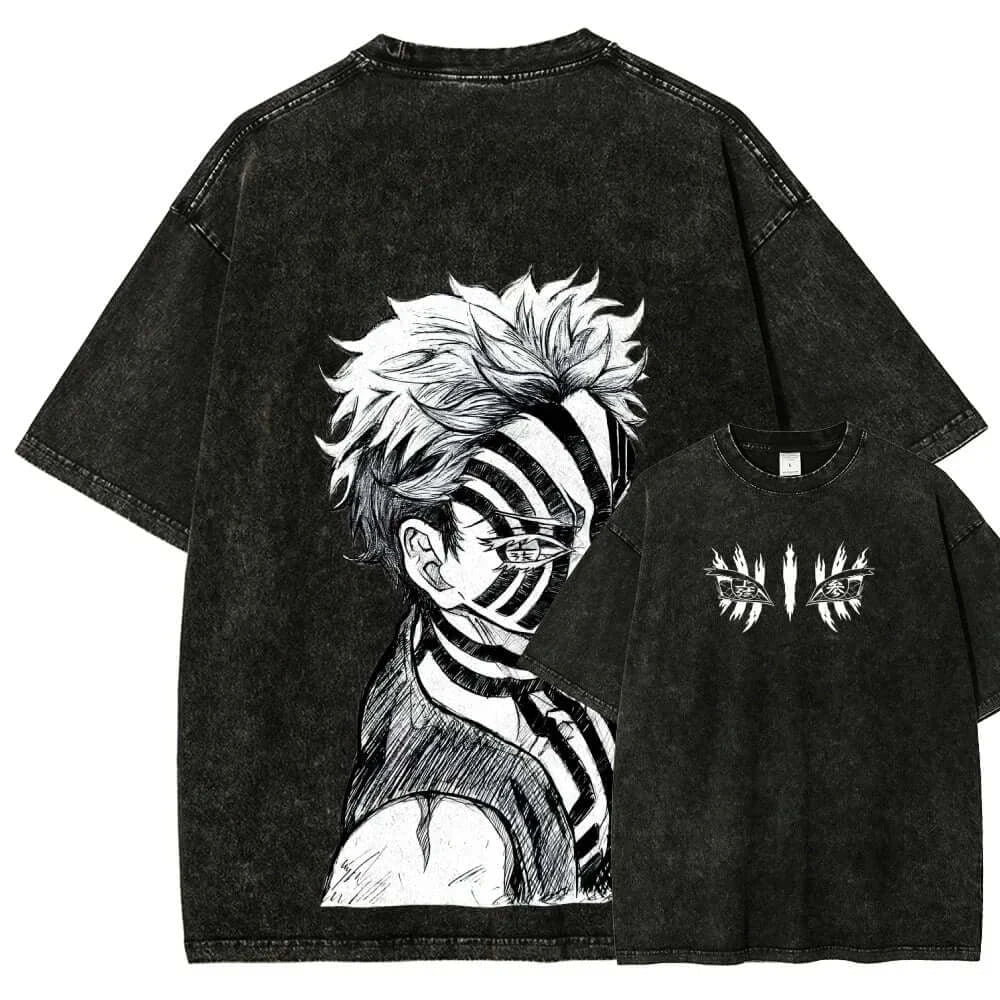 A popular Washed Vintage Akaza T-shirt with a Demon Slayer manga graphic in an oversized style for men.