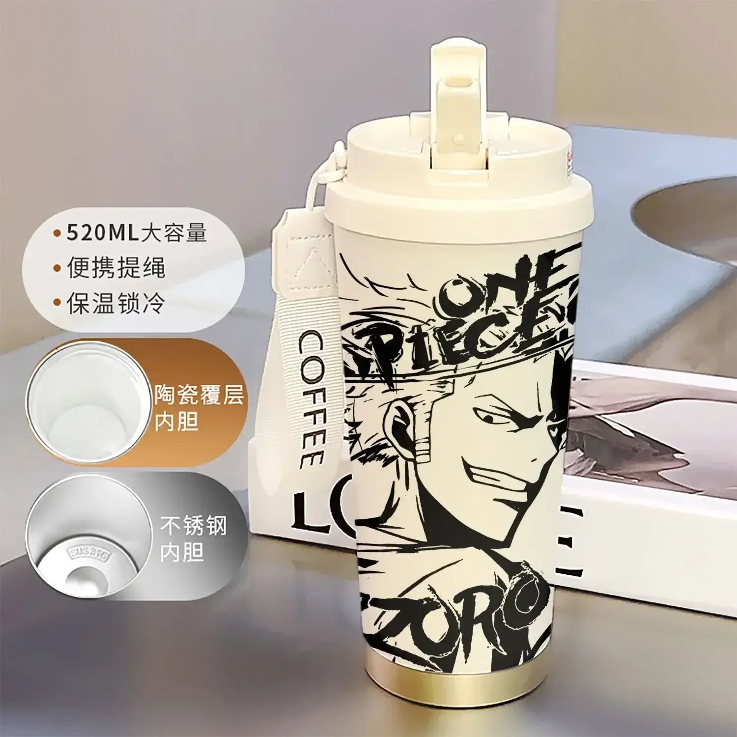 A 520ml One Piece Thermos Cup featuring anime figures Luffy and Zoro, designed as a large capacity coffee travel mug with a straw for outdoor sports.