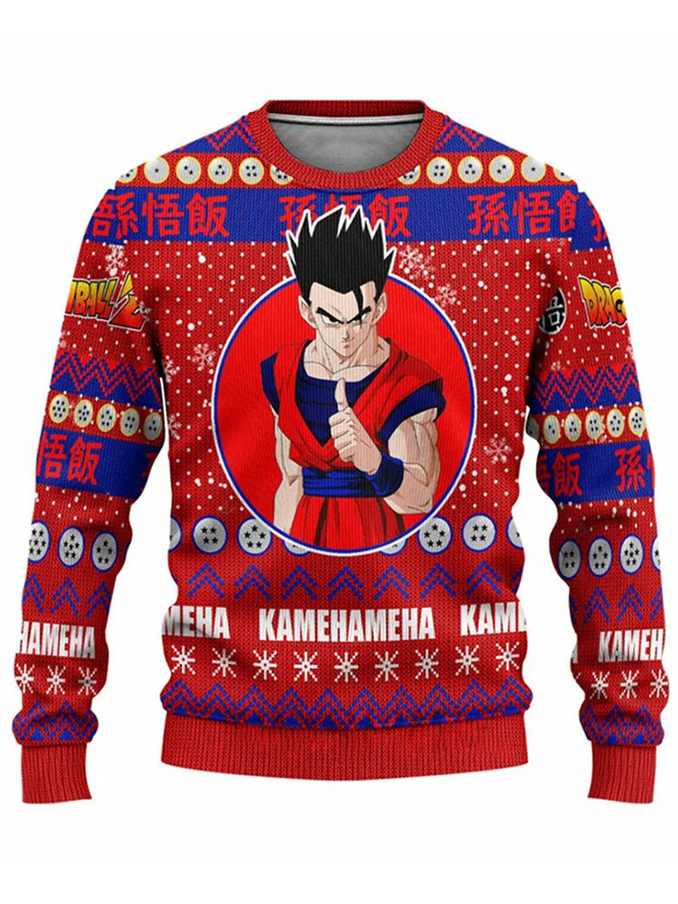 A festive Dragon Ball Anime Sweater featuring Goku and Dragon Balls, designed as a round neck Christmas pullover for men and women.