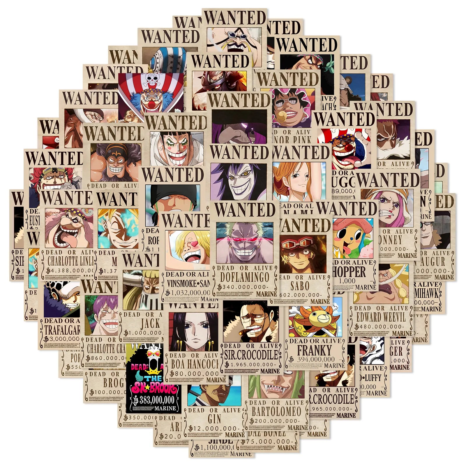 A pack of 50 One Piece Wanted Posters stickers and cool graffiti decals featuring Luffy and the Straw Hat crew, applied to a laptop and suitcase.