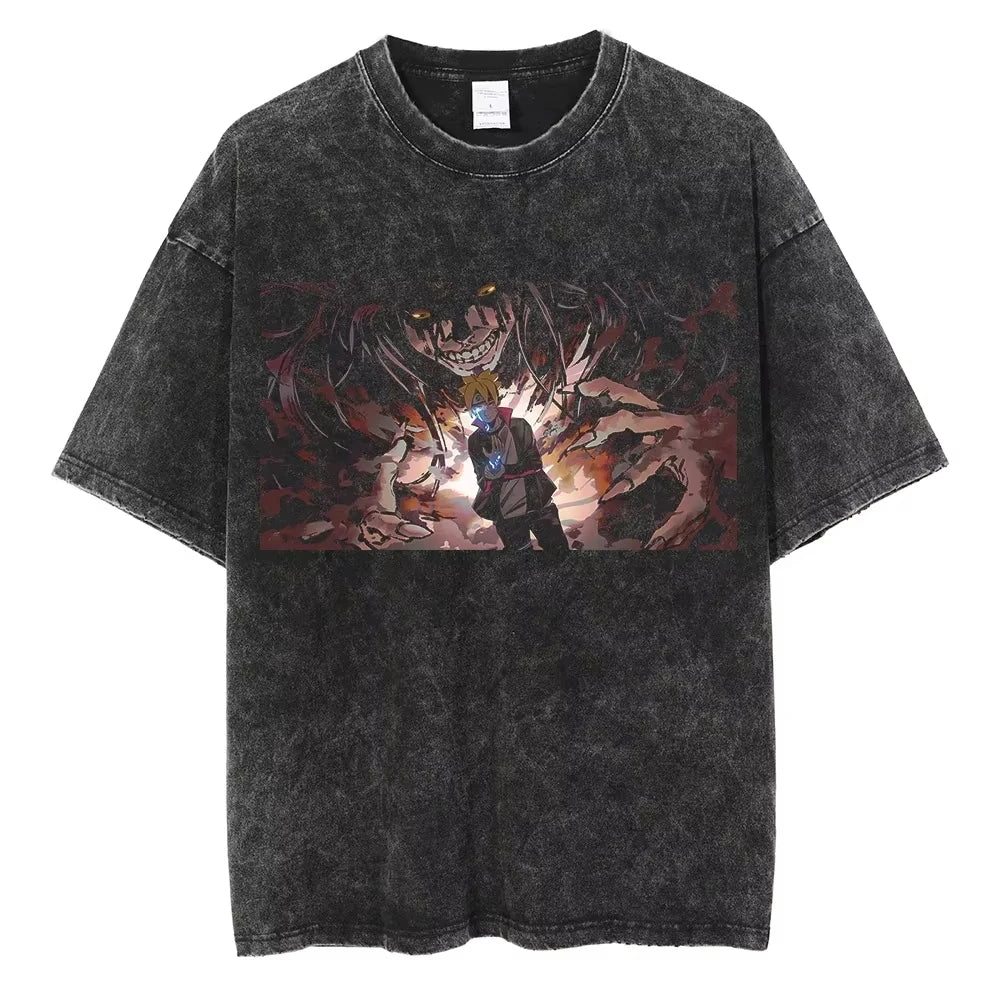 A washed black Naruto Vintage T-Shirt featuring a hip hop style anime print, designed as Harajuku streetwear for men and women.