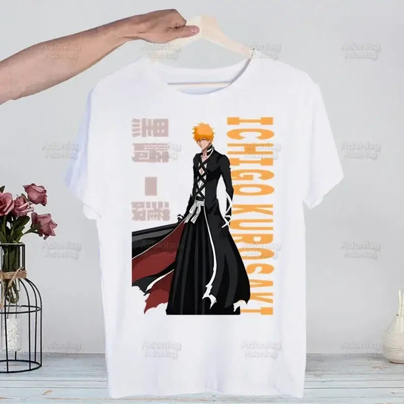 A men's Bleach Kurosaki Ichigo T-shirt in a funny Harajuku hip hop streetwear style for summer.