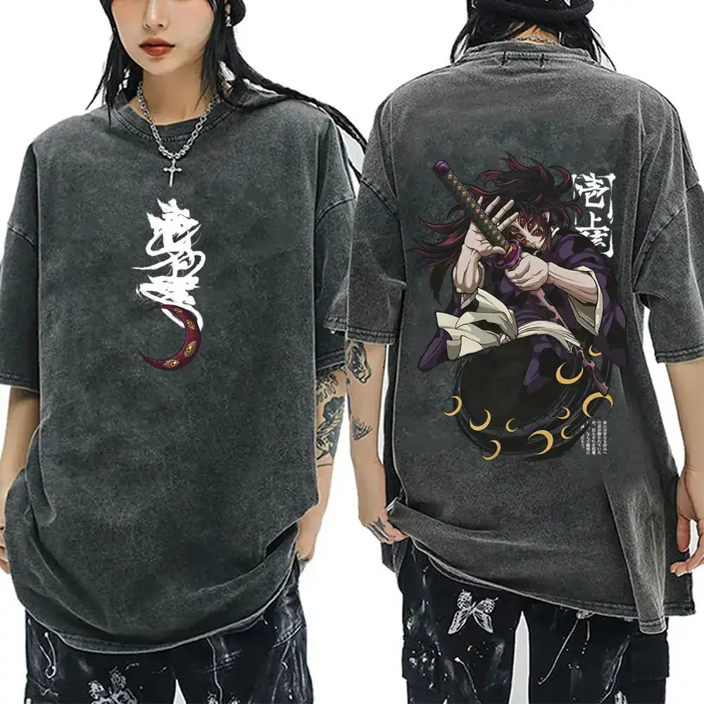 A washed black Demon Slayer Vintage T-Shirt made of 100% cotton, featuring an oversized cartoon anime graphic for men and women.