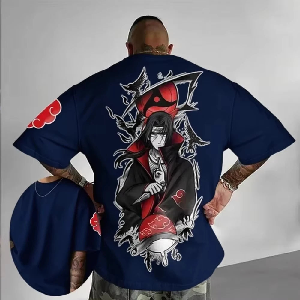 A breathable cotton Uchiha Itachi Oversized T-shirt by MINISO, featuring a sporty graphic print of the Akatsuki member for adults and children.