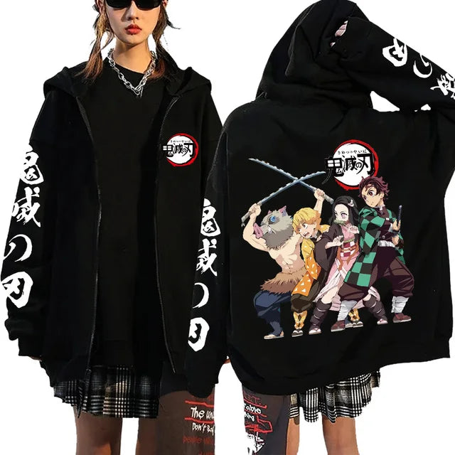 A Y2K style Demon Slayer Zip Up Hoodie featuring a Nezuko Kamado graphic, unisex hip hop streetwear for men and women.