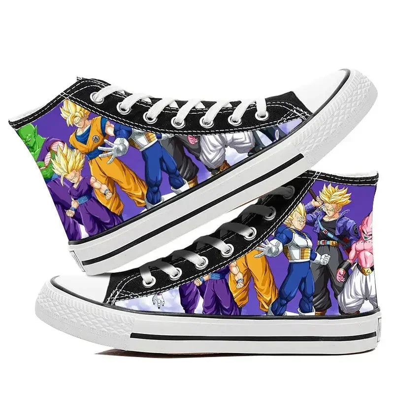 Trendy Dragon Ball High Top Canvas Shoes featuring Goku and Vegeta animation art, breathable flat sneakers for students and fans.