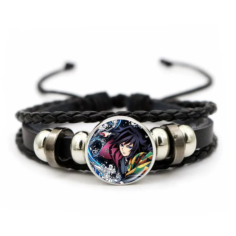 A woven leather Demon Slayer Bracelet featuring a glass art photo charm of Tanjiro Kamado and Nezuko, designed as an anime accessory for fans.