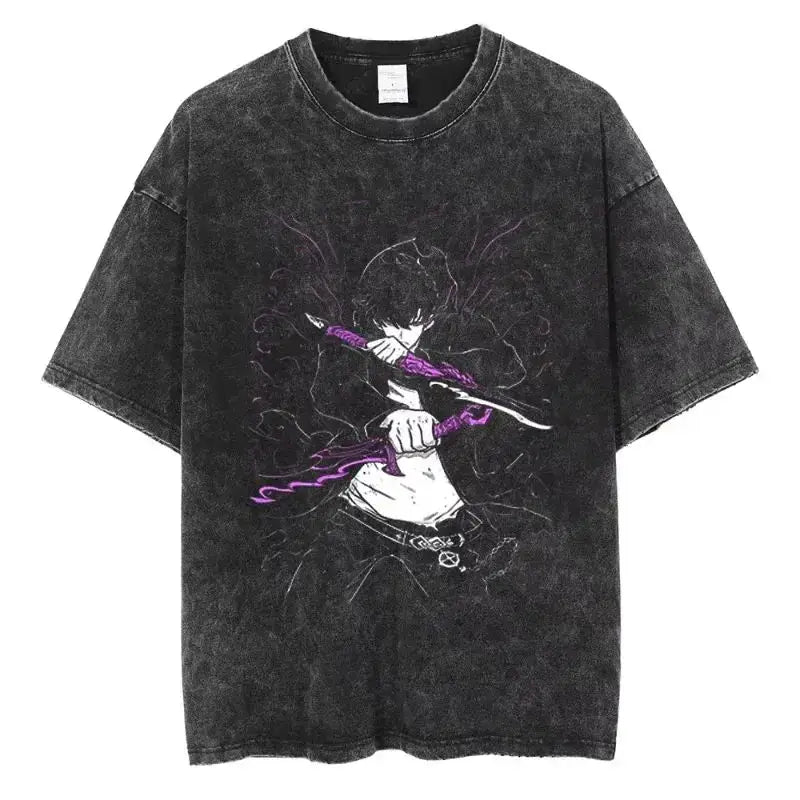 A hot unisex and plus size Solo Leveling Sung Jin-Woo Printed T Shirt in a washed cotton Harajuku style.
