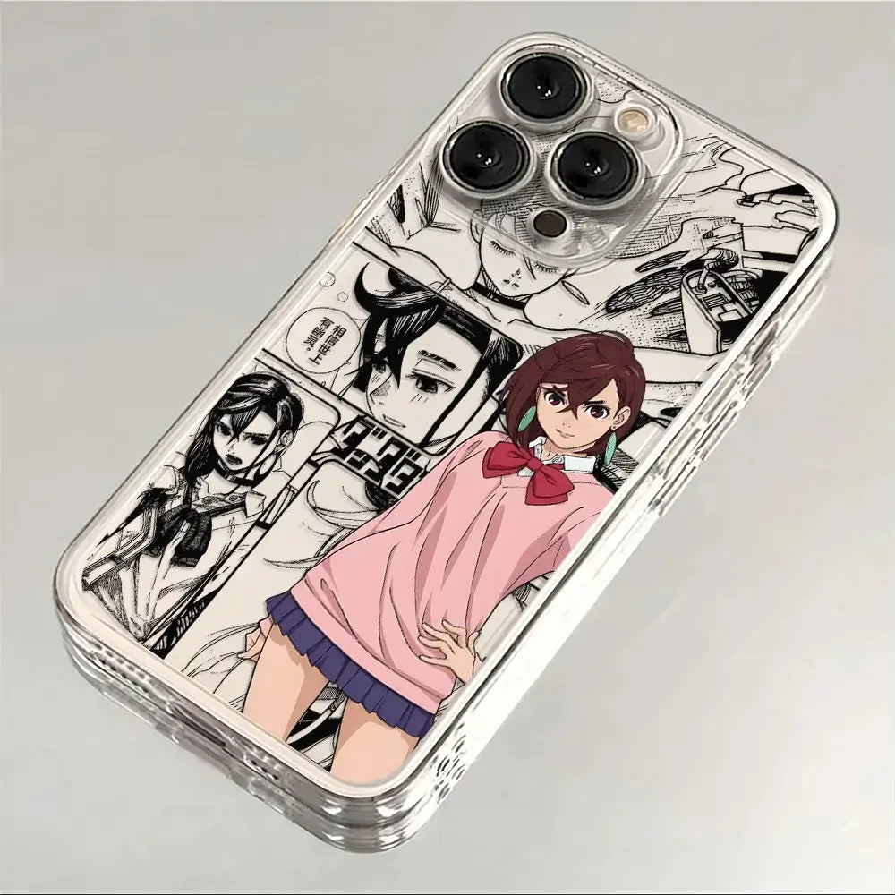 A transparent soft TPU Dandadan Phone Case featuring cute anime art of Okarun and Momo Ayase, compatible with Apple iPhone 16e, 15, and 14 Pro Max.