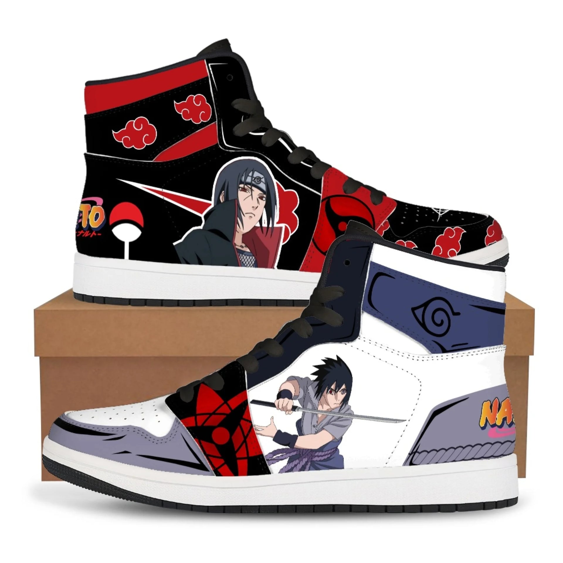 Trendy black Akatsuki High-Top Sneakers featuring the red cloud anime symbol, comfortable casual basketball shoes for men.