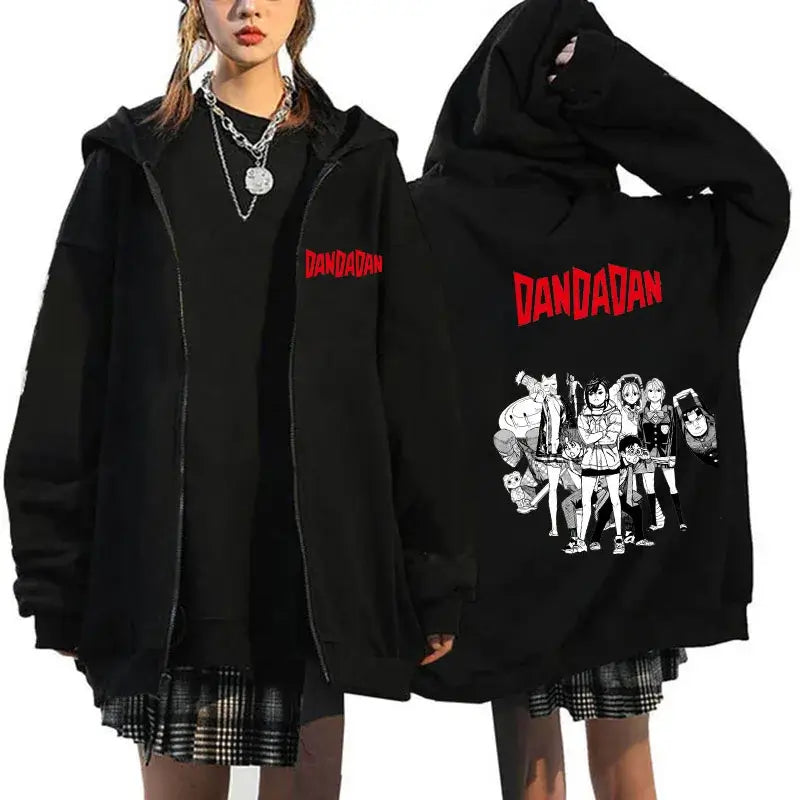 A youthful female model wearing the funny designer Dandadan Okarun Zip Up Hoodie with an anime and manga print.