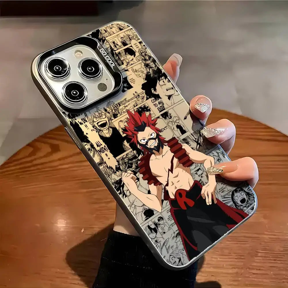 A shockproof Eijiro Kirishima Phone Case featuring a multicolor aurora laser finish and Red Riot anime art, compatible with Apple iPhone 16, 15, and 14 Pro Max.