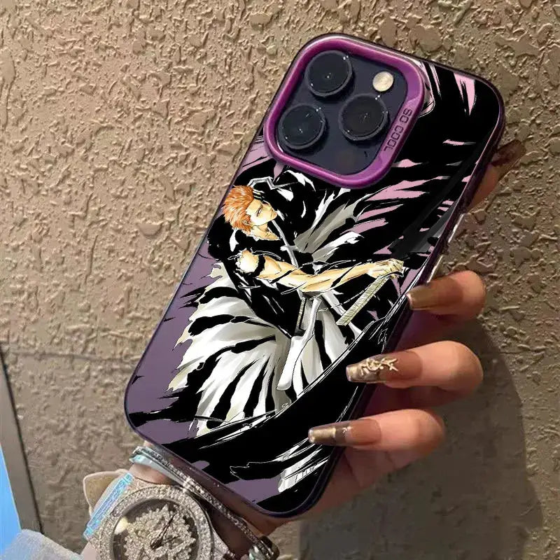 A shockproof Bleach Anime Phone Case featuring Ichigo Kurosaki and Rukia Kuchiki anime art, compatible with Apple iPhone 16e, 16, 15, and 14 Pro Max.