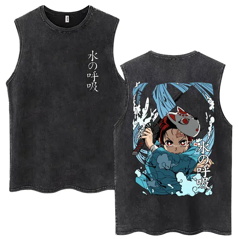 A washed retro Zenitsu Demon Slayer Tank Top featuring Agatsuma Zenitsu manga art, sleeveless cotton summer streetwear for men and women.