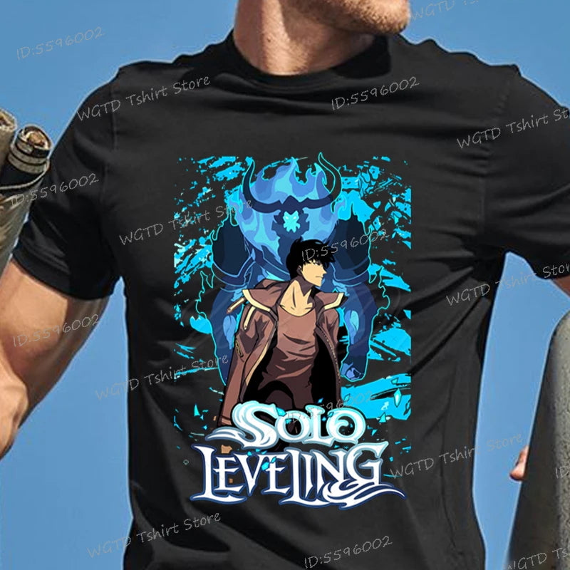 A vintage black Solo Leveling Anime T-Shirt featuring a funny Sung Jinwoo graphic print, available in sizes S to 4XL for men and women.