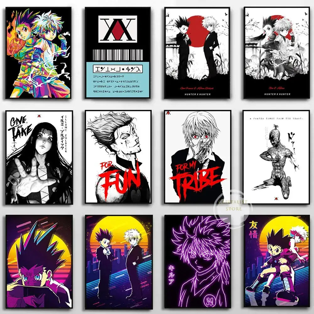 A retro style Hunter x Hunter Anime Poster printed on high-quality canvas featuring Gon and Killua, ideal for home decor and kids' bedrooms.