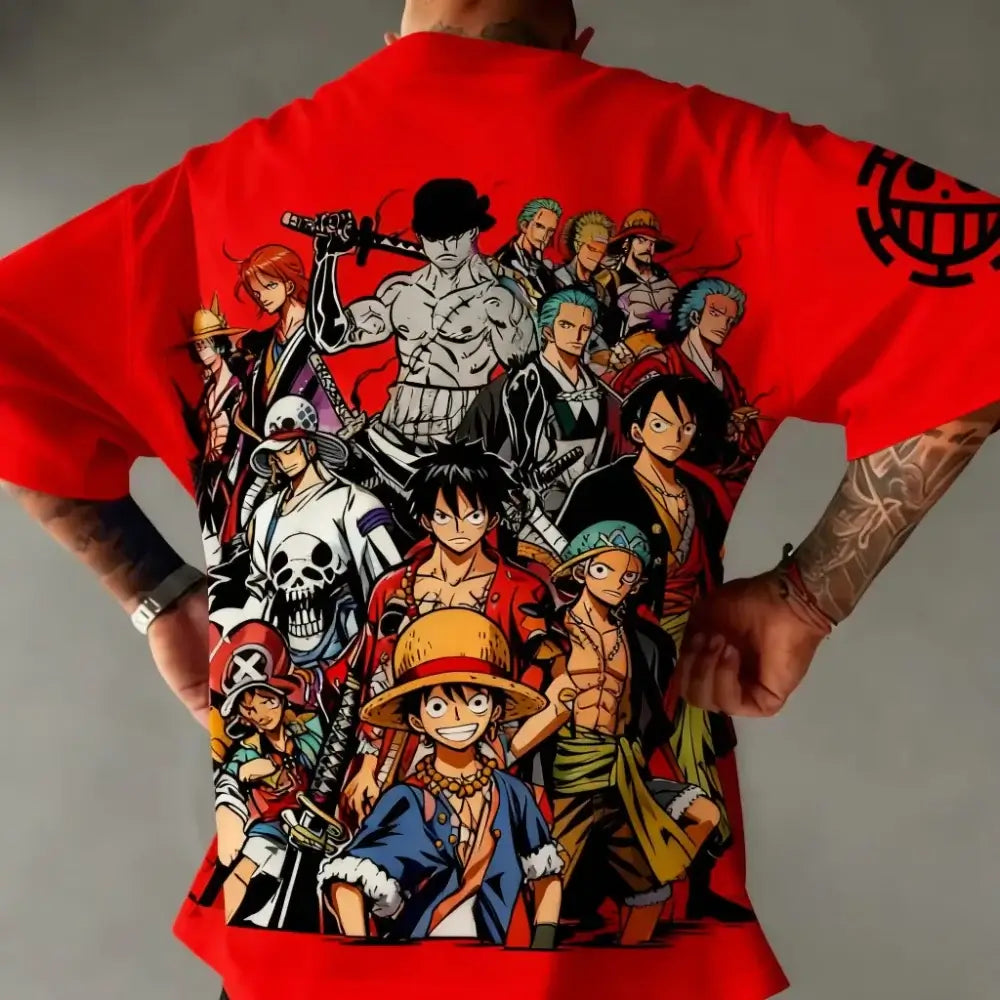 A trendy 2026 MINISO One Piece TShirt made of soft cotton, featuring a graphic print of Luffy, Zoro, and Sanji for men and women.